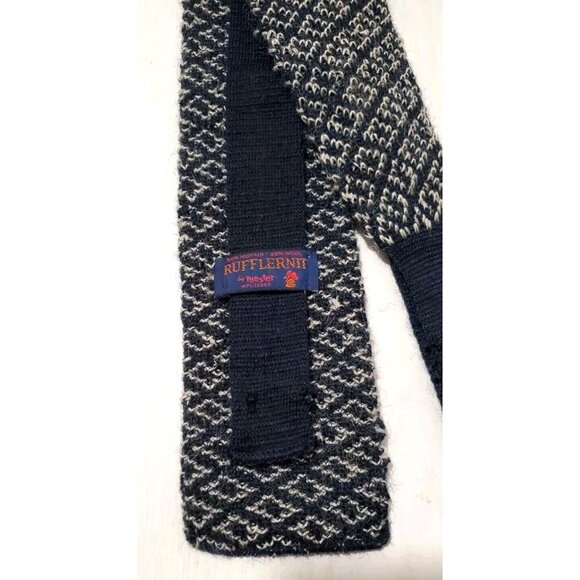 Vtg Rooster Rufflernit Square End Sock Tie Blue & White Wool & Mohair Necktie - Picture 2 of 6